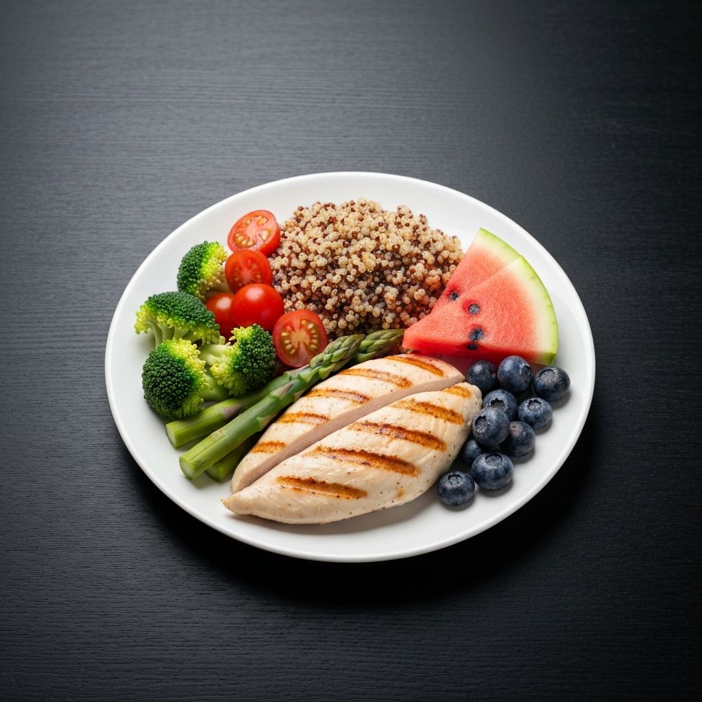 Balanced plate with vegetables, grains, and proteins